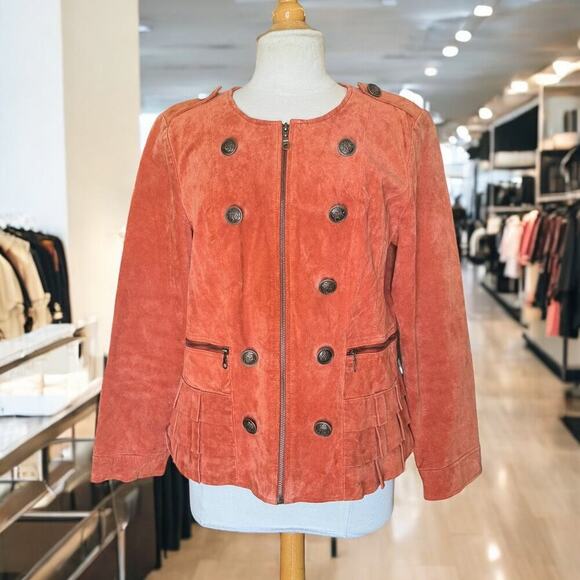 Burnt Orange Suede Leather Jacket w Ruffles & Large Buttons by Prosper & Devine - Picture 3 of 9